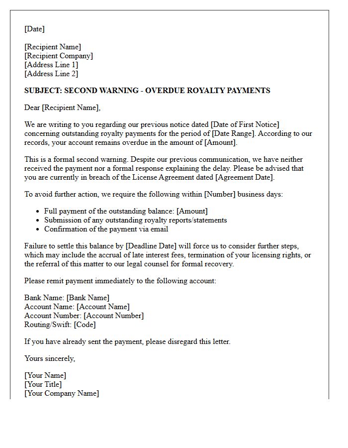 Pre-Legal Second Warning Letter For Overdue Royalties