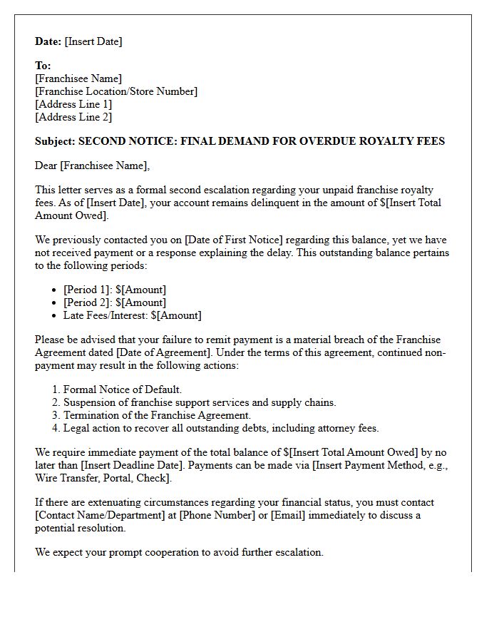 Second Escalation Letter For Unpaid Franchise Royalty Fees