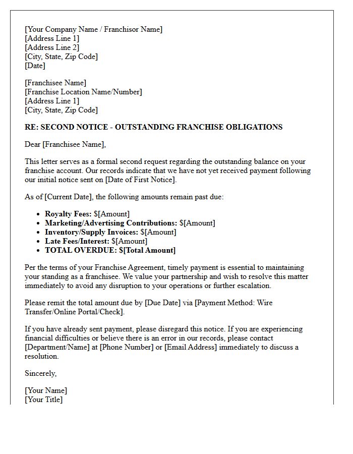 Second Payment Request Letter For Outstanding Franchise Obligations