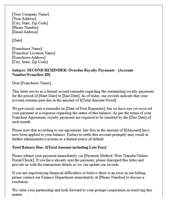 Standard Second Reminder Letter For Overdue Franchise Royalty Payments