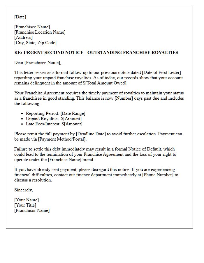 Urgent Second Collection Letter For Outstanding Franchise Royalties