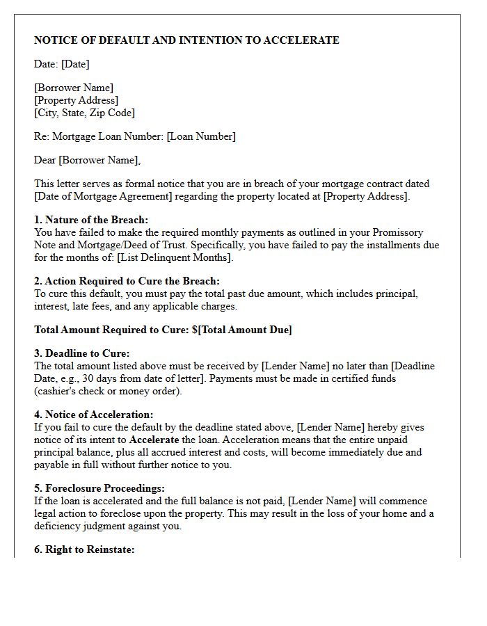 Breach of Mortgage Contract and Acceleration Letter