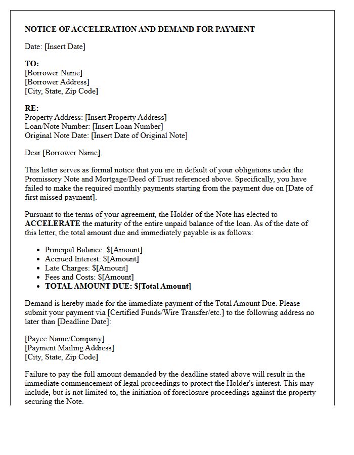 Delinquent Mortgage Note Acceleration Demand Letter