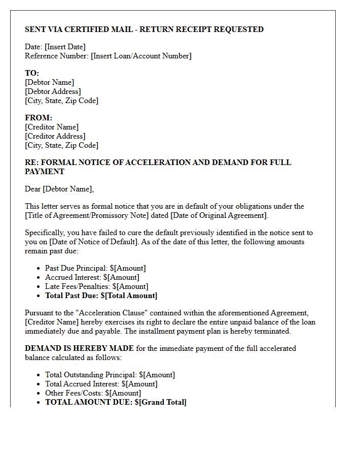 Formal Notice of Acceleration and Payment Demand Letter