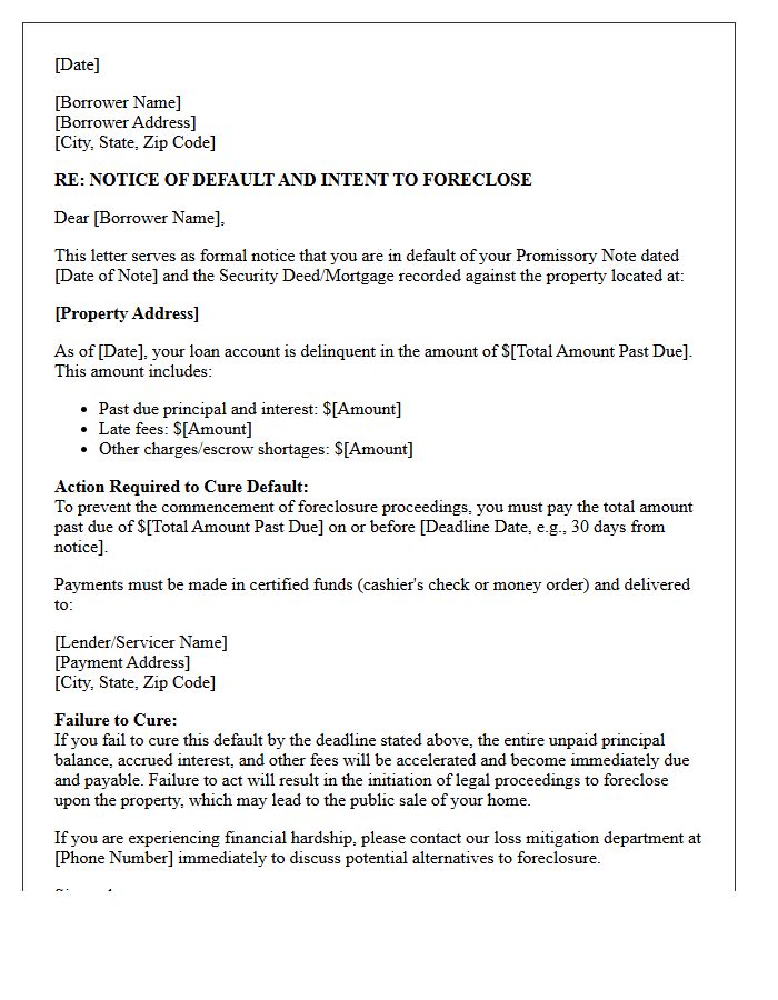 Pre-Foreclosure Promissory Note Default Letter