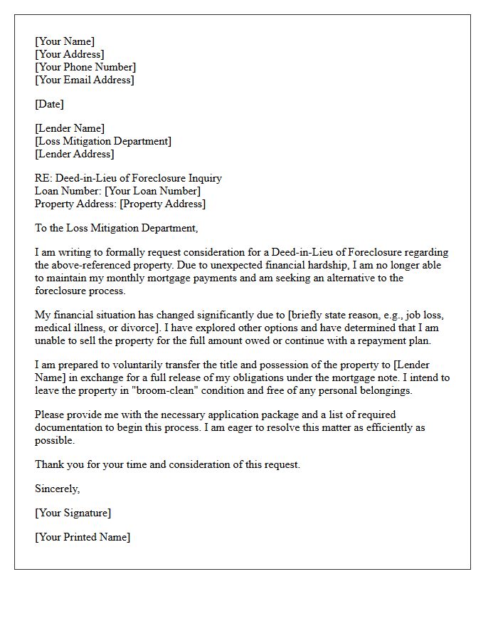 Deed-in-Lieu of Foreclosure Inquiry Letter