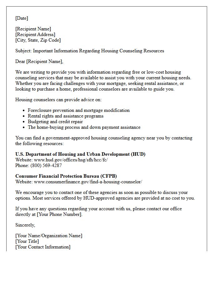 Housing Counseling Resources Information Letter