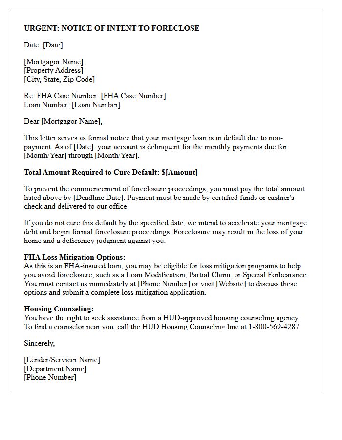 Federal Housing Administration Notice Of Intent To Foreclose Letter