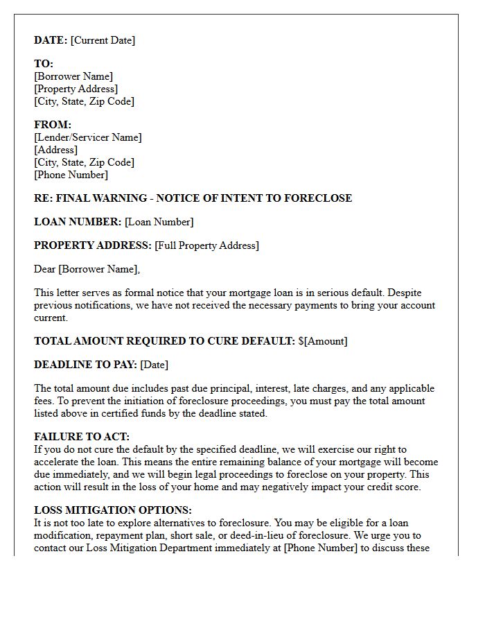 Final Warning Notice Of Intent To Foreclose Letter