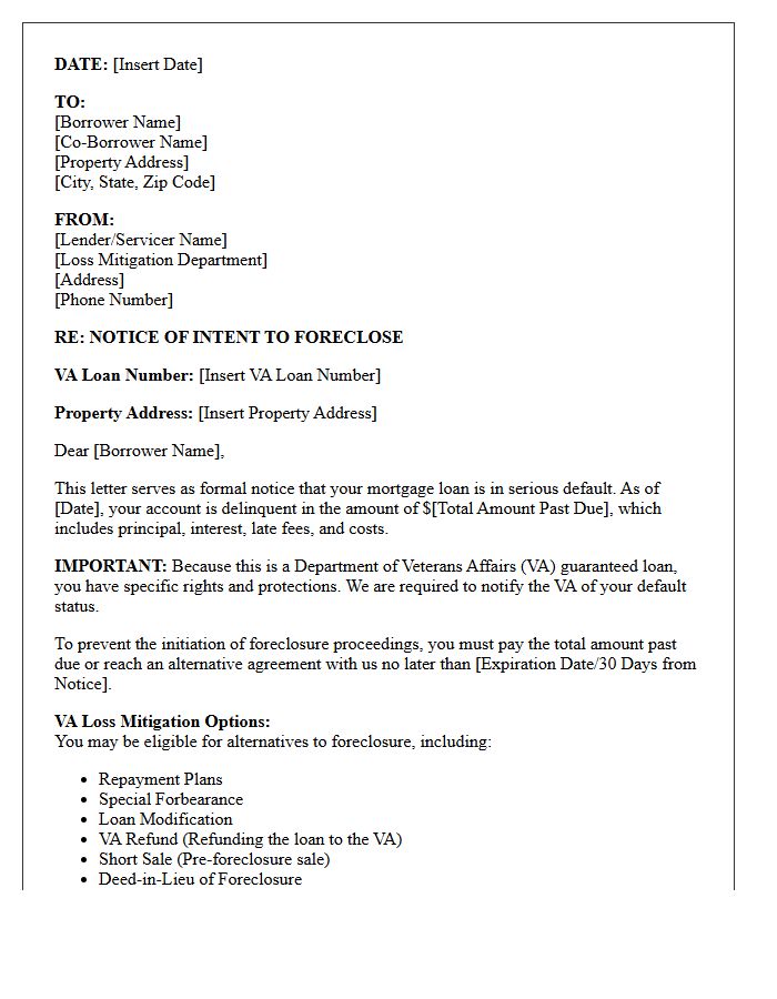 Veterans Affairs Loan Notice Of Intent To Foreclose Letter
