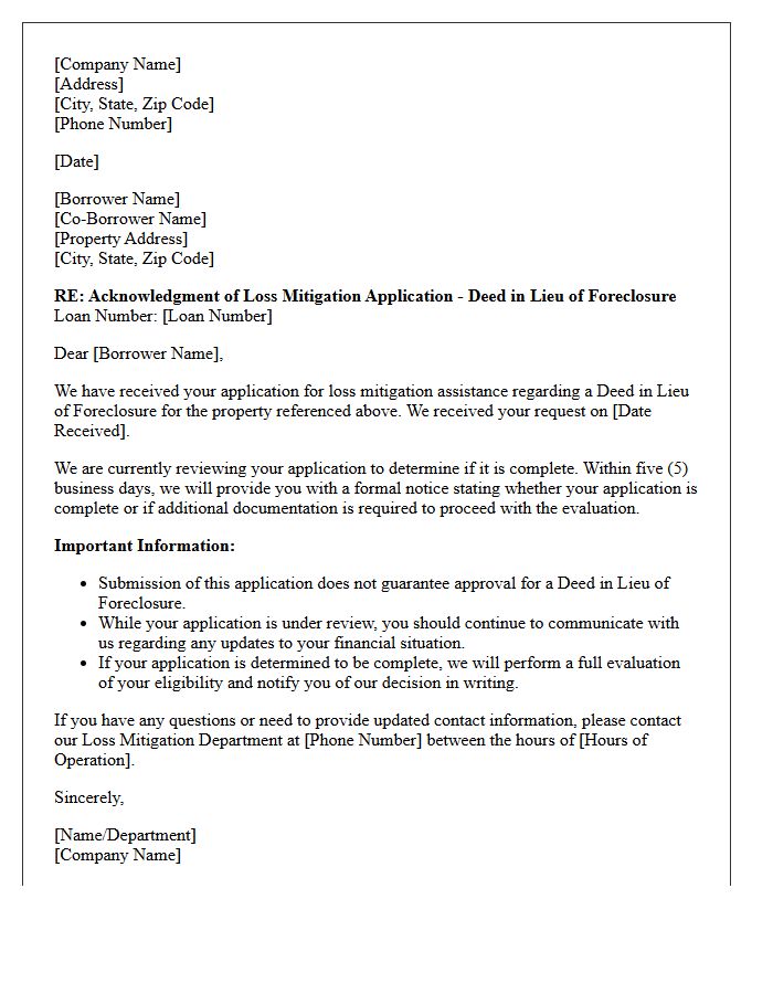 Deed In Lieu Loss Mitigation Application Acknowledgment Letter