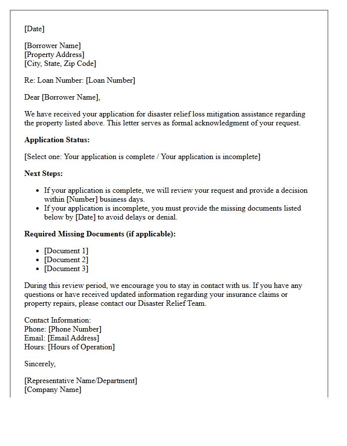 Disaster Relief Loss Mitigation Application Acknowledgment Letter