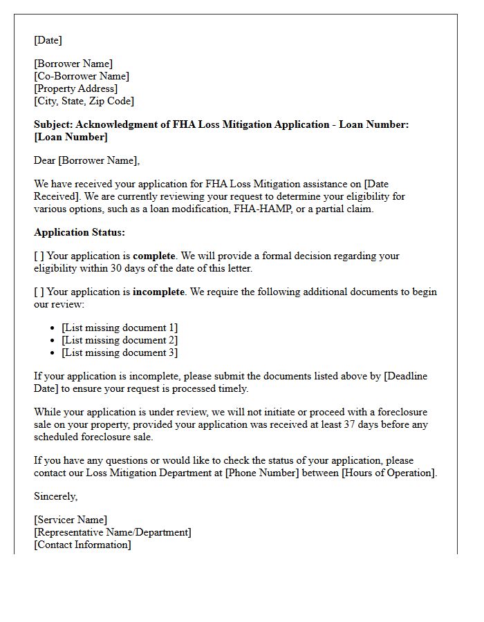 FHA Loan Loss Mitigation Application Acknowledgment Letter
