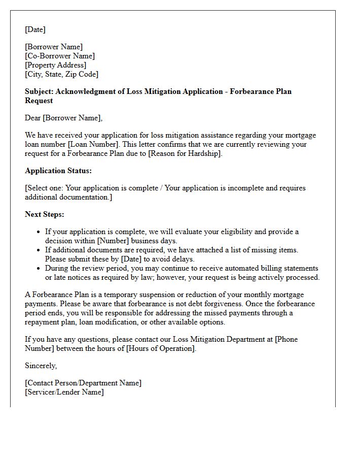 Forbearance Plan Loss Mitigation Application Acknowledgment Letter
