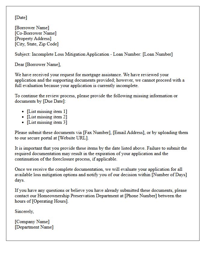 Incomplete Loss Mitigation Application Acknowledgment Letter