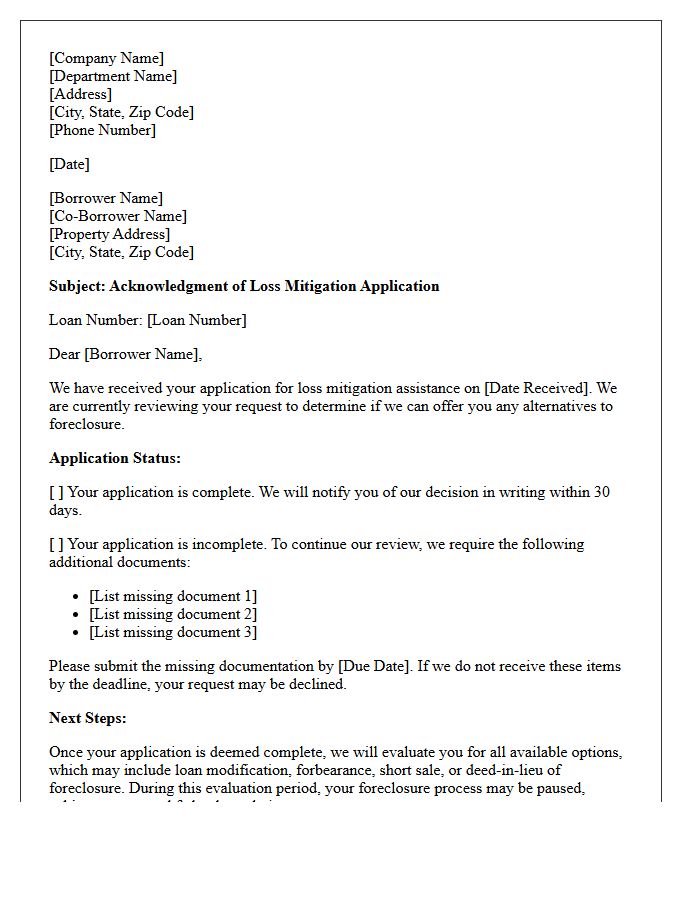 Initial Loss Mitigation Application Acknowledgment Letter