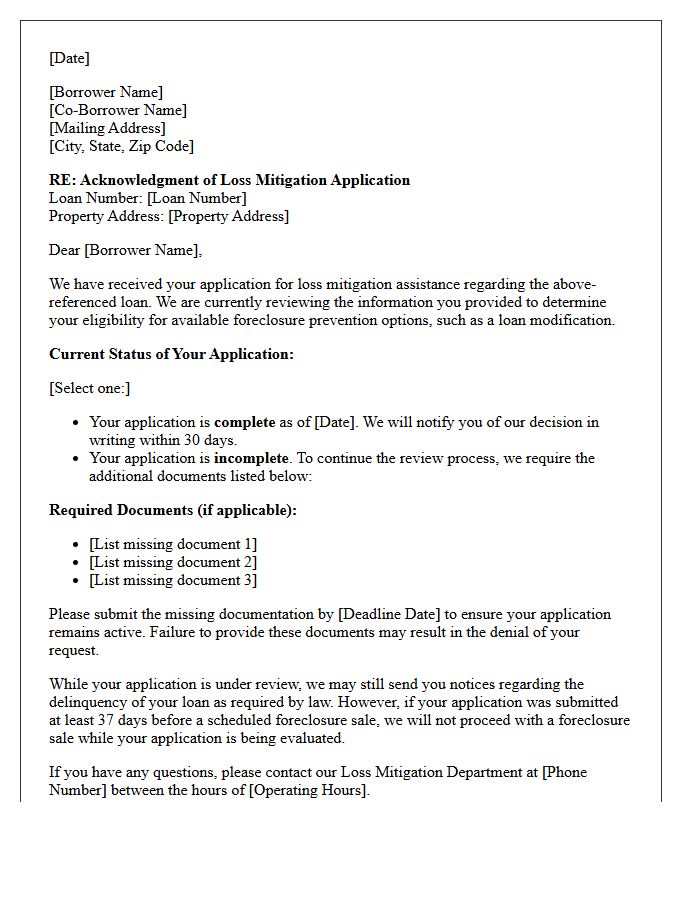 Loan Modification Loss Mitigation Application Acknowledgment Letter
