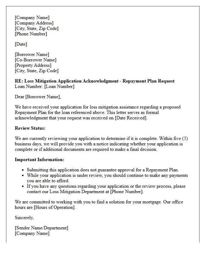 Repayment Plan Loss Mitigation Application Acknowledgment Letter