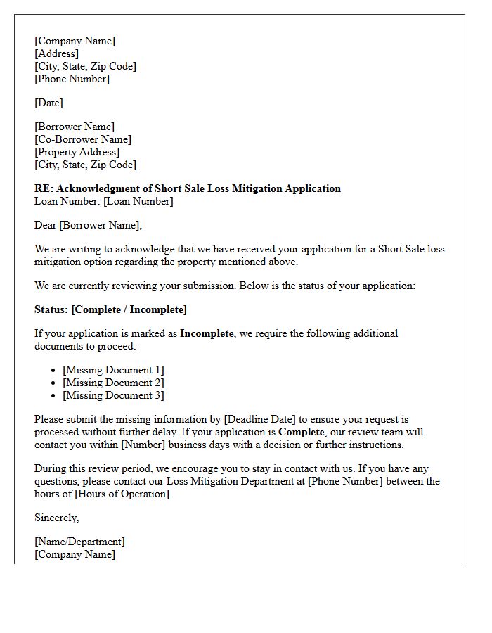 Short Sale Loss Mitigation Application Acknowledgment Letter
