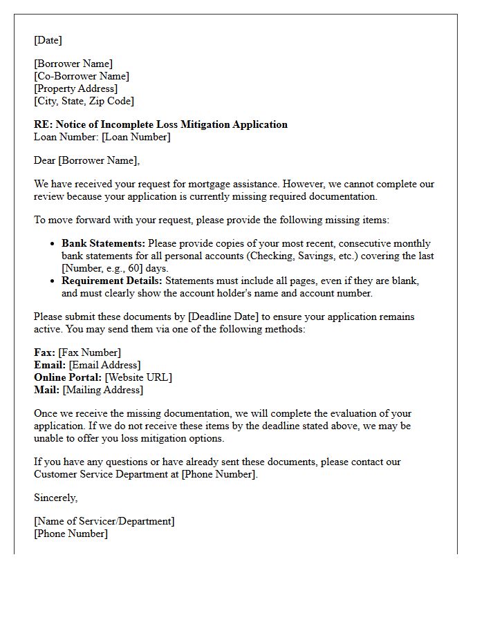 Notice Of Incomplete Loss Mitigation Application Letter For Missing Bank Statements