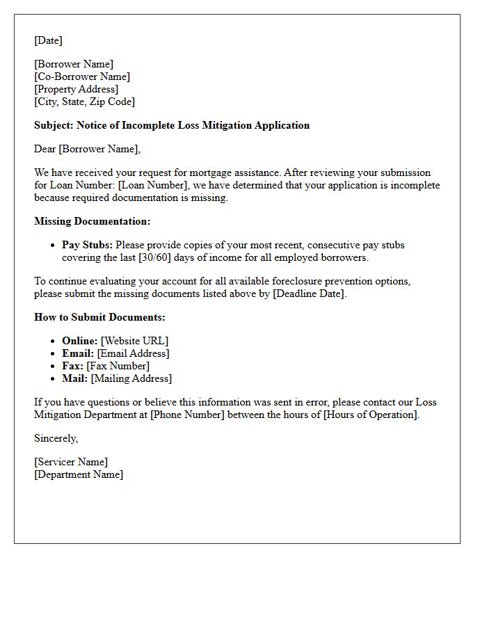 Notice Of Incomplete Loss Mitigation Application Letter For Missing Pay Stubs