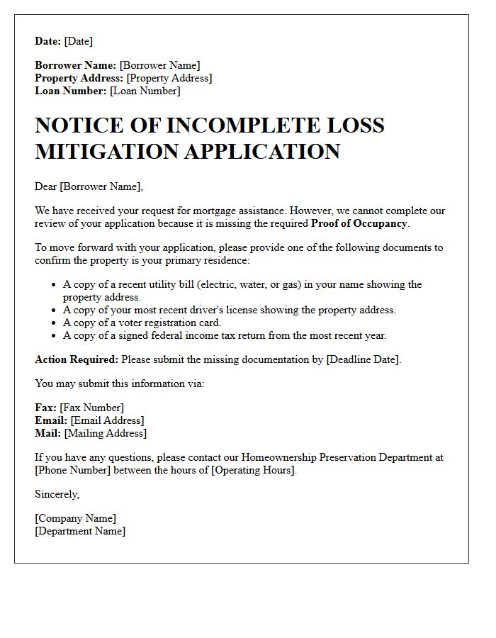 Notice Of Incomplete Loss Mitigation Application Letter For Missing Proof Of Occupancy
