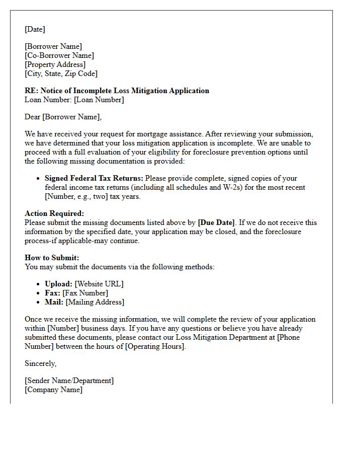 Notice Of Incomplete Loss Mitigation Application Letter For Missing Tax Returns