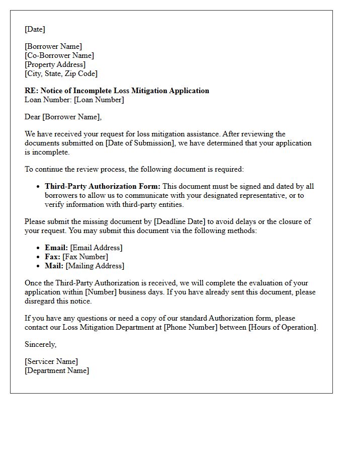 Notice Of Incomplete Loss Mitigation Application Letter For Missing Third Party Authorization