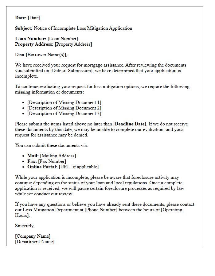 Notice Of Incomplete Loss Mitigation Application Letter Requesting Additional Information