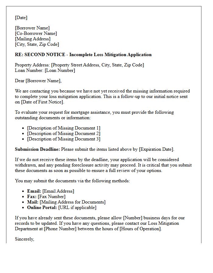 Second Notice Of Incomplete Loss Mitigation Application Letter