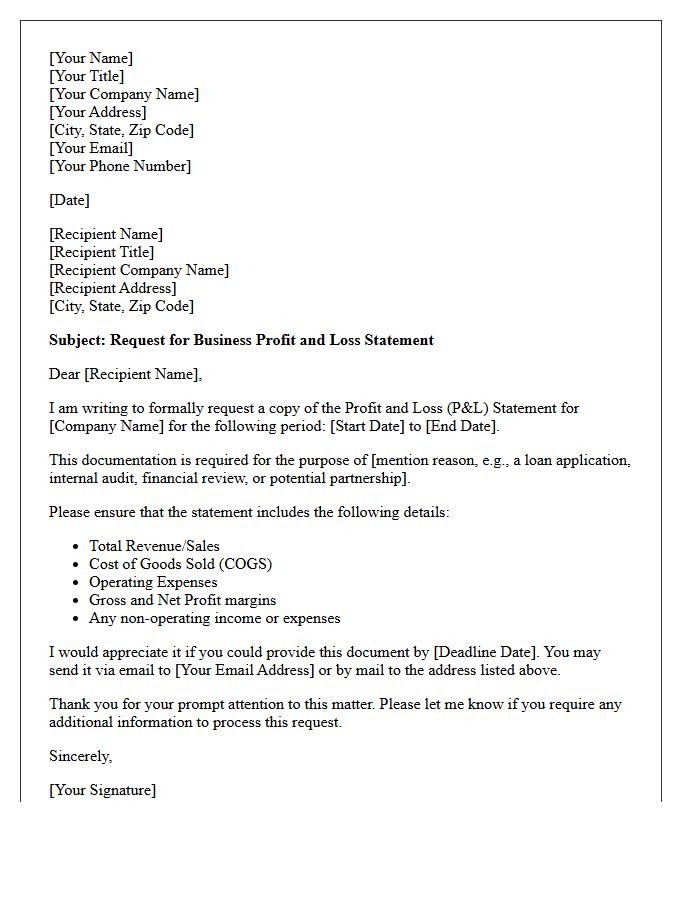 Business Profit and Loss Statement Request Letter