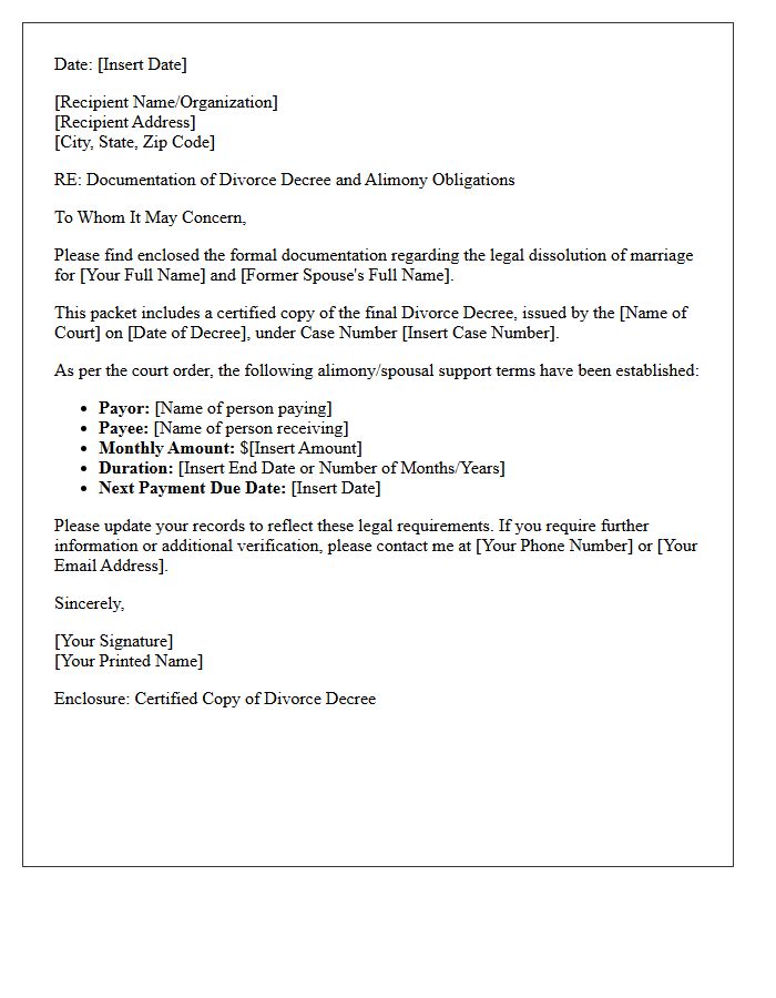 Divorce Decree and Alimony Documentation Letter