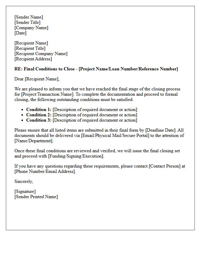 Final Conditions to Close Documentation Letter