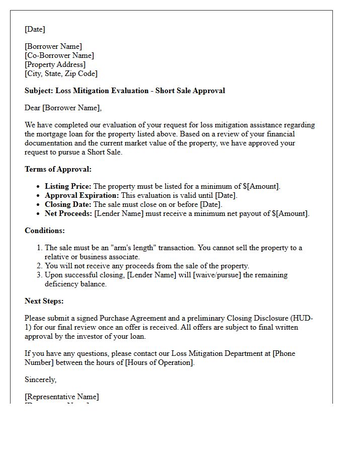 Short Sale Loss Mitigation Evaluation Letter