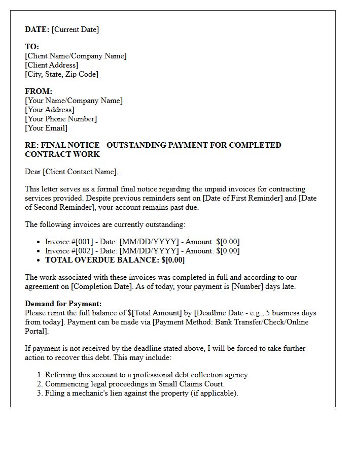 Escalated Collection Letter for Outstanding Contractor Invoices