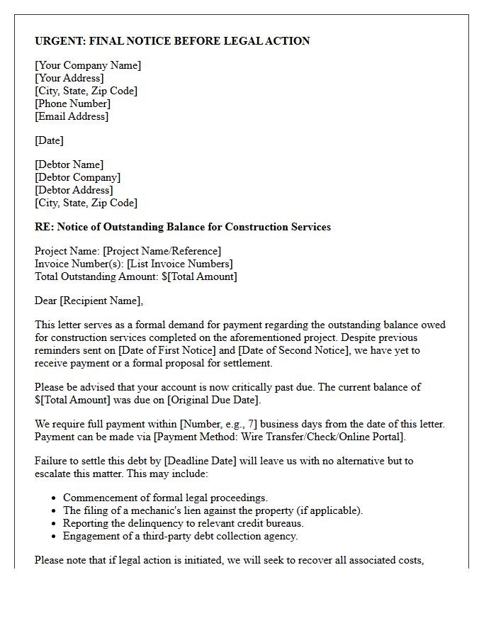 Escalated Debt Recovery Letter for Construction Project Fees