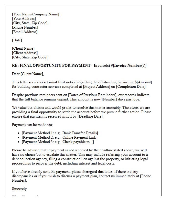 Final Opportunity Letter for Unsettled Building Contractor Fees