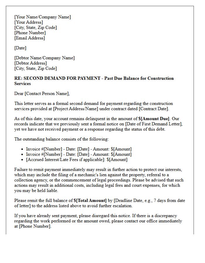 Formal Second Demand Letter for Past Due Construction Services