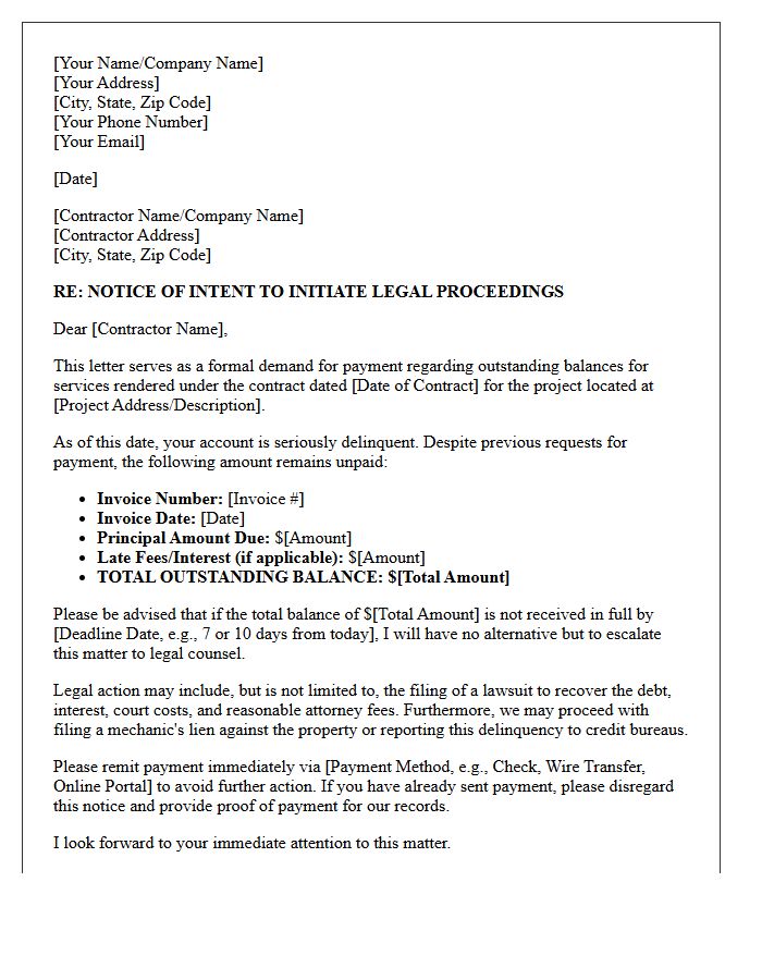 Pre-Legal Action Letter for Delinquent Contractor Payments