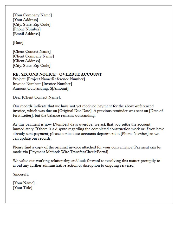 Second Overdue Account Letter for Commercial Construction Work