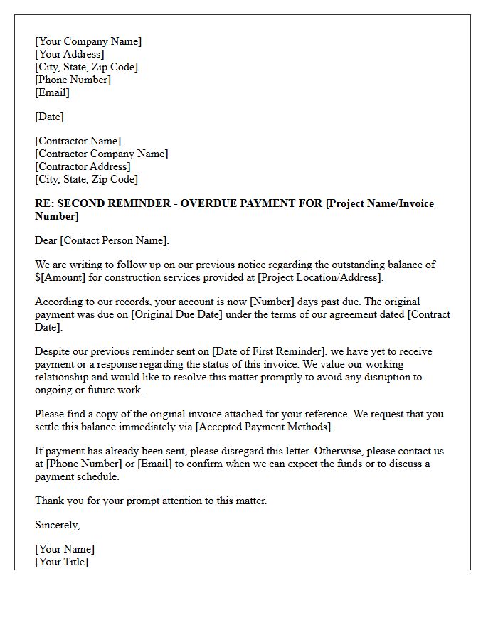 Second Reminder Letter for Overdue Construction Contractor Fees