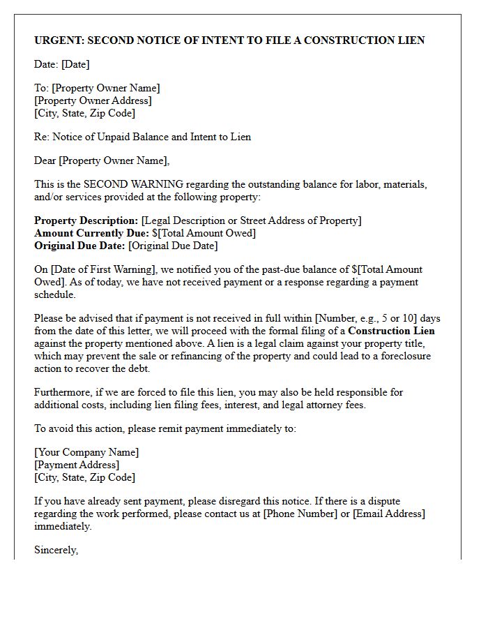 Second Warning Letter Before Construction Lien Placement