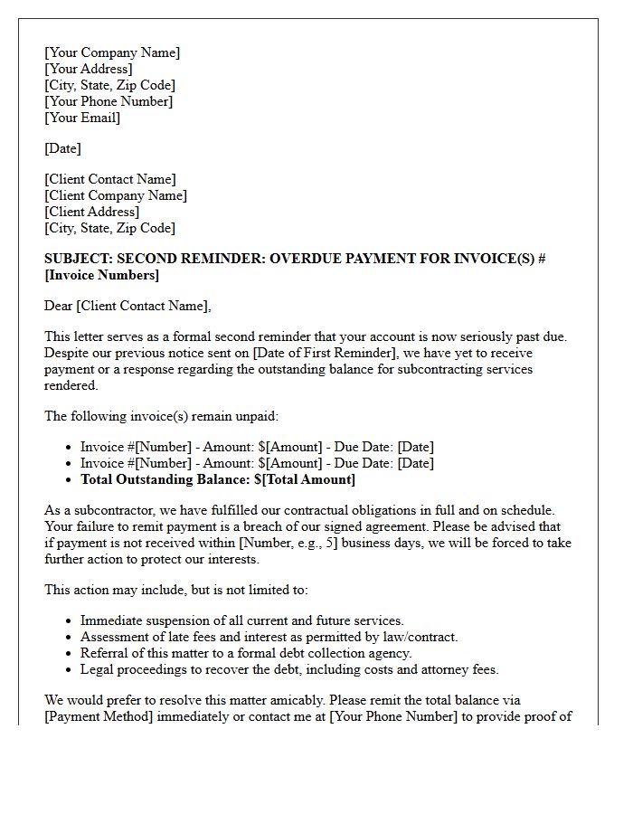 Stern Second Reminder Letter for Unpaid Subcontractor Invoices