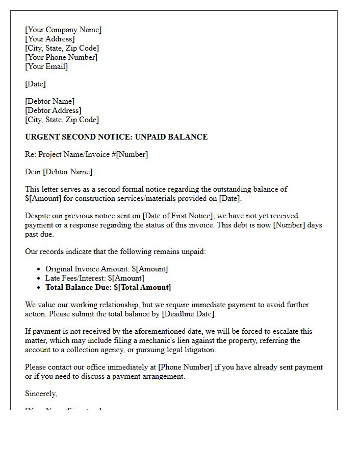 Urgent Second Notice Letter for Unpaid Construction Debt