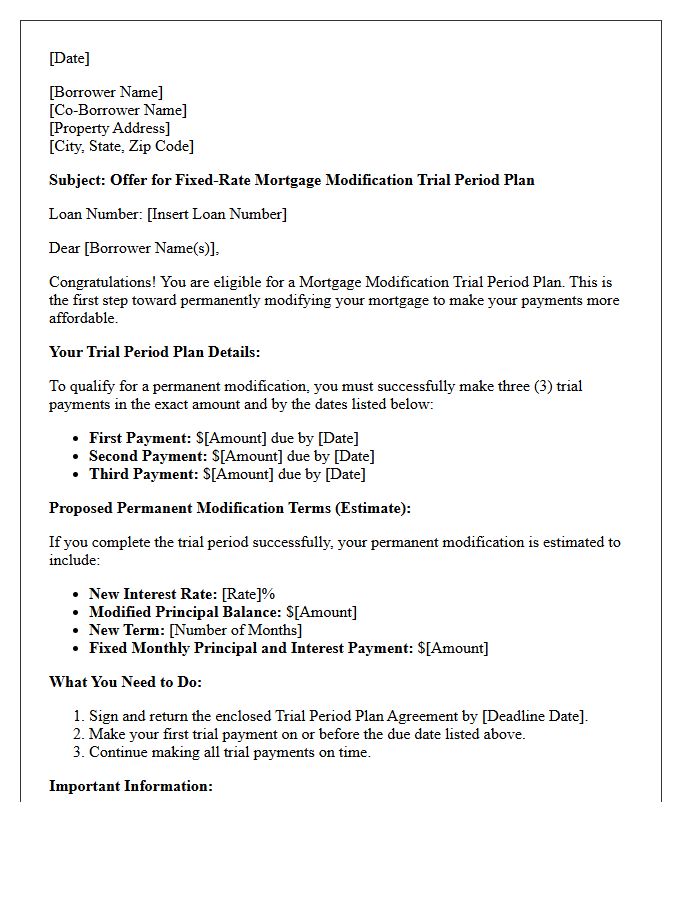 Fixed-Rate Mortgage Modification Trial Period Plan Offer Letter