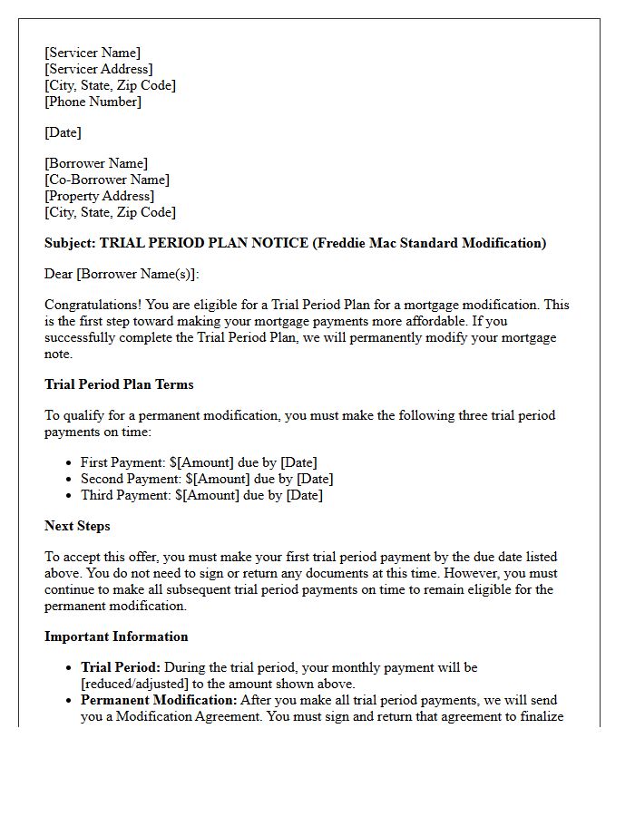 Freddie Mac Standard Modification Trial Period Plan Offer Letter