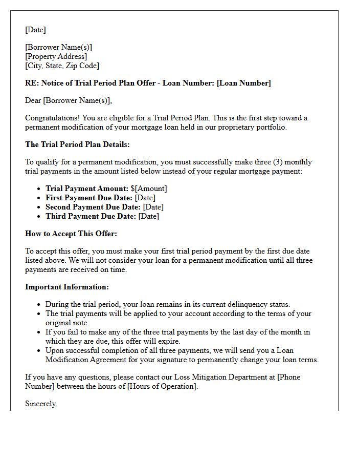 Proprietary Portfolio Mortgage Trial Period Plan Offer Letter