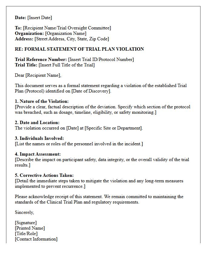 Formal Statement of Trial Plan Violation
