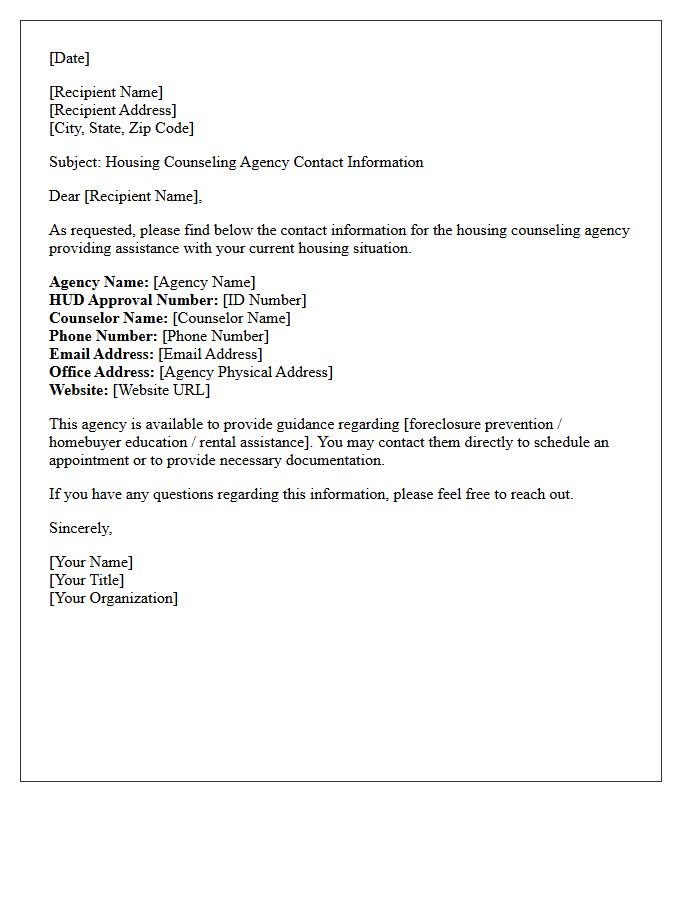 Housing Counselor Agency Contact Information