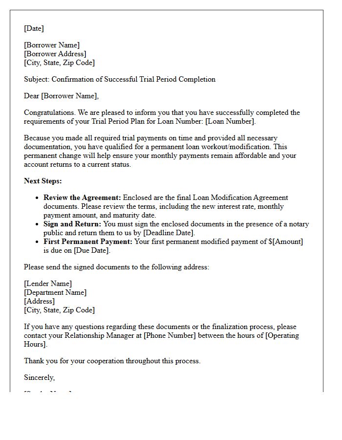 Loan Workout Trial Success Confirmation Letter